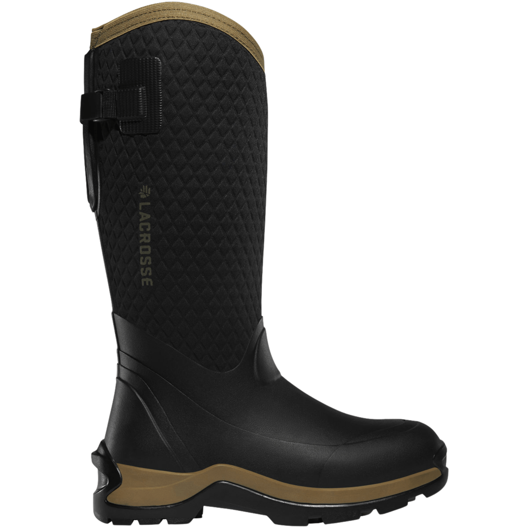 Black tall winter boot with tan trim and a textured shaft