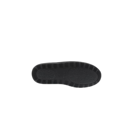 Black slipper outsole with textured tread and embossed logo