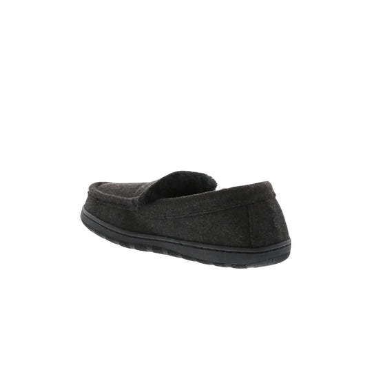 Dark gray felt slip-on slipper with a black rubber sole