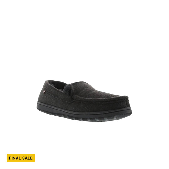 Black felt slip-on slipper with a thick rubber sole and small side logo