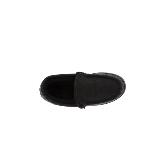Black slip-on slipper viewed from above on a white background