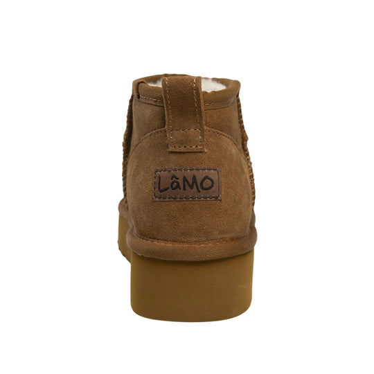 Brown suede ankle boot with shearling lining and a back pull tab, shown from the rear