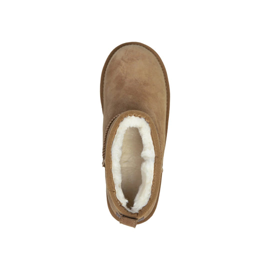 Tan suede ankle boot with white fleece lining, viewed from above