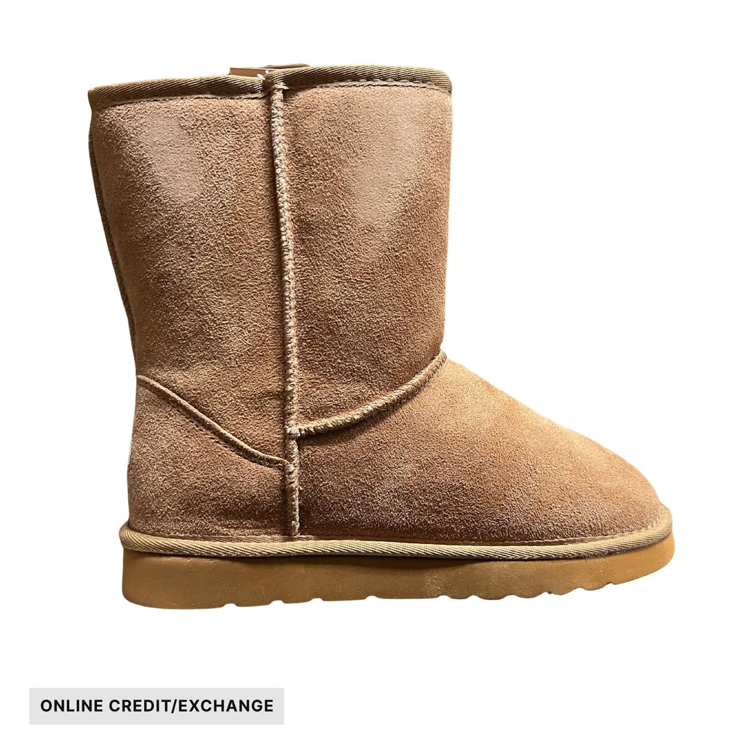 Tan suede mid-calf boot with thick sole, shown in side view