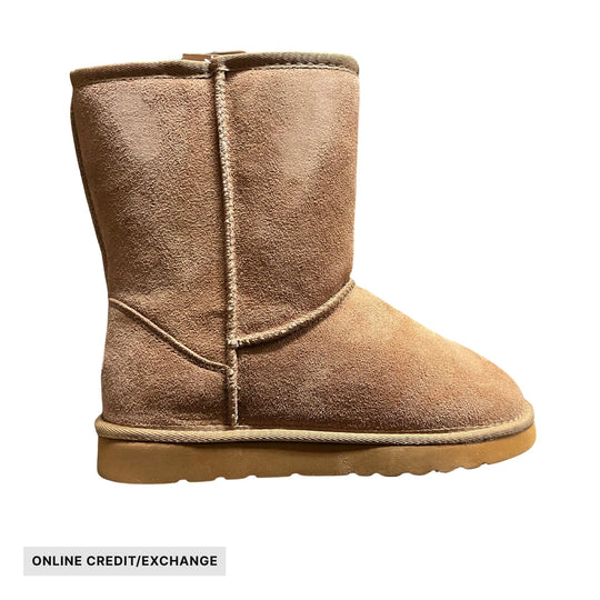 Tan suede mid-calf boot with thick sole, shown in side view