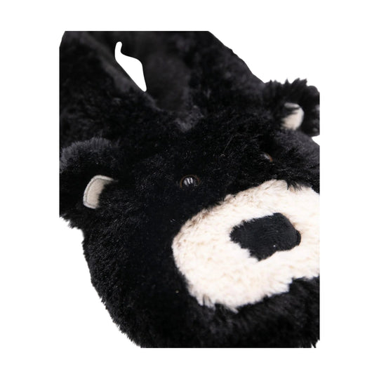 Black plush bear slipper with white snout and small ears