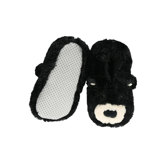 Black fuzzy bear slipper pair with cream snout detail and dotted white soles