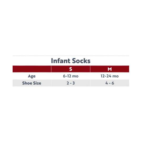 Infant socks size chart showing S and M, with age and shoe size ranges
