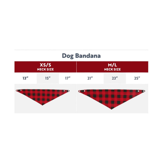 Dog bandana size chart showing XS/S and M/L neck sizes with red-and-black plaid bandanas