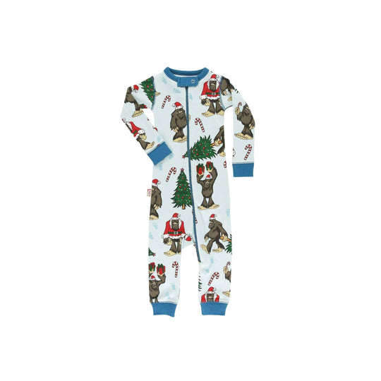 Light blue infant footless zip-up pajama with holiday Bigfoot print, long sleeves, and blue cuffs