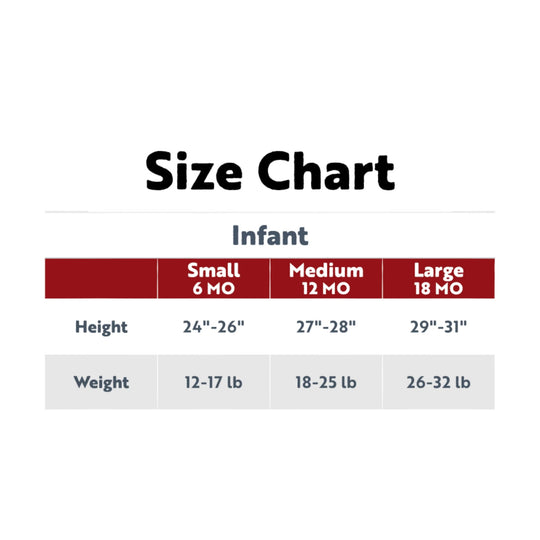 Infant size chart showing small 6 MO, medium 12 MO, and large 18 MO with height and weight ranges