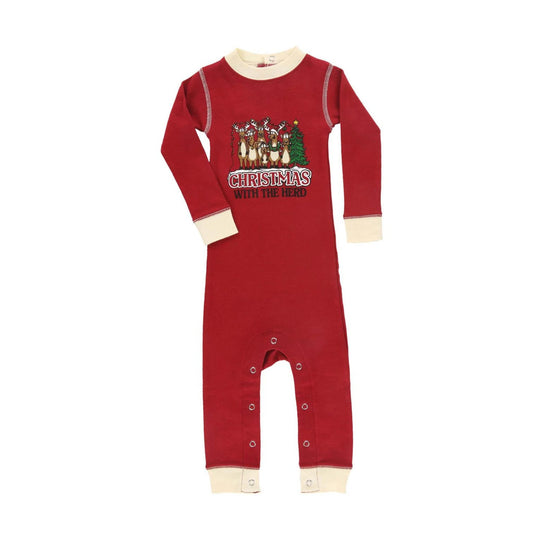 Red long-sleeve baby footed sleeper with cream cuffs and Christmas With the Herd graphic