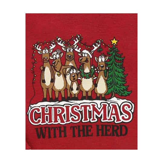 Red holiday graphic with reindeer, a Christmas tree, and the text "CHRISTMAS WITH THE HERD"