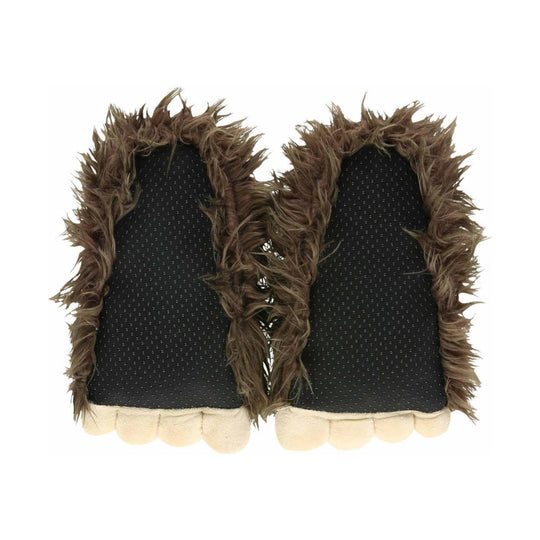 Pair of brown furry novelty slippers with black dotted footbeds and cream paw-shaped toes