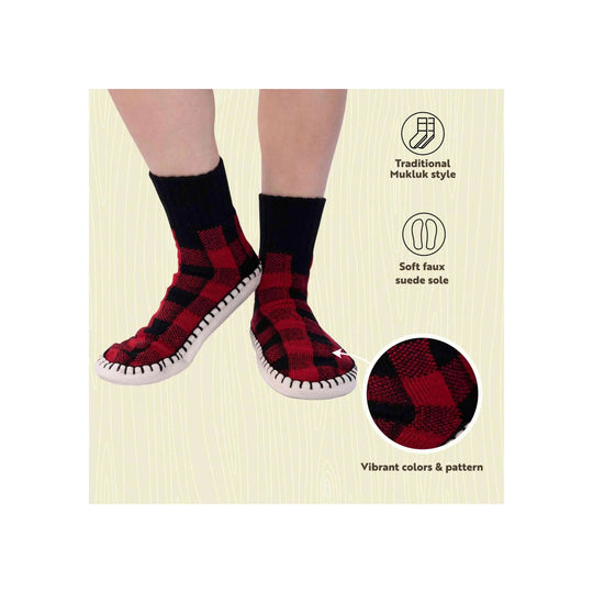 Red-and-black plaid slipper boots with faux-fur cuffs and black soles