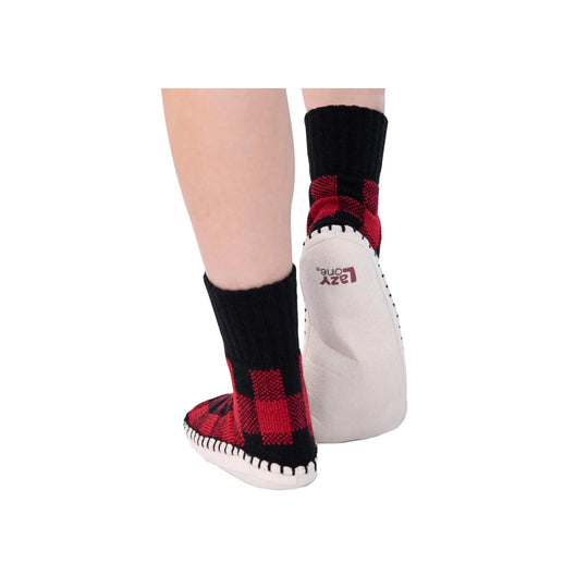 Red and black plaid knit slipper socks with white soles and black cuffs