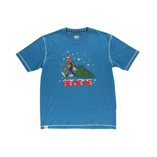 Blue short-sleeve T-shirt with a Bigfoot graphic and the word “BELIEVE”