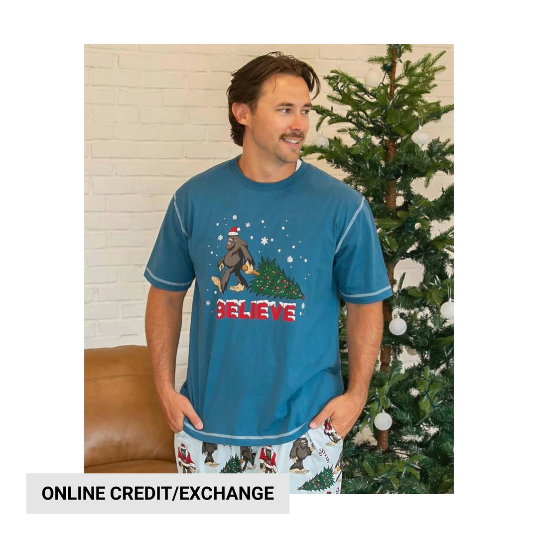 Blue holiday pajama T-shirt with Bigfoot graphic and the word "BELIEVE"