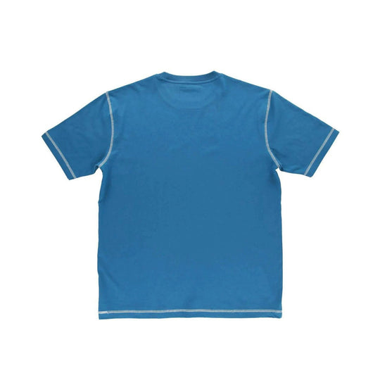 Blue short-sleeve crewneck T-shirt shown from the back