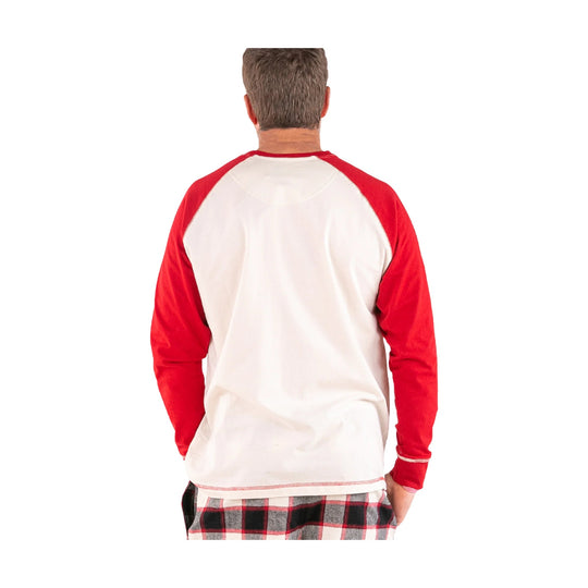 White long-sleeve raglan pajama shirt with red sleeves, shown from the back