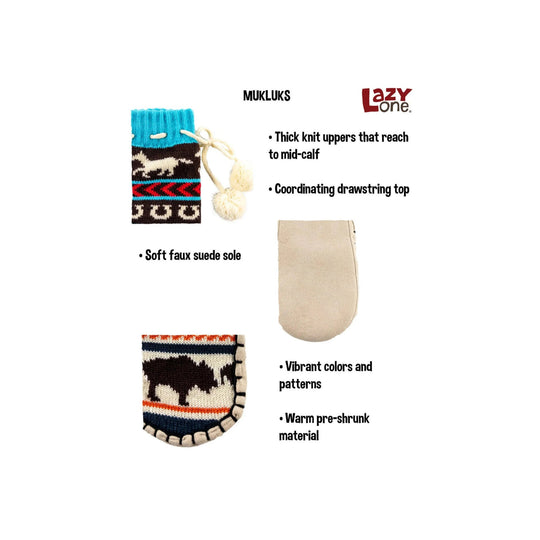 Knitted mukluk slipper with turquoise cuff, pom-pom drawstring, and bison pattern