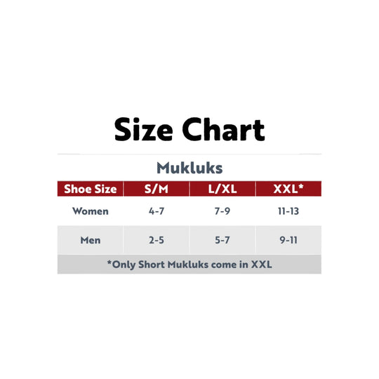 Mukluks size chart showing women’s and men’s shoe sizes for S/M, L/XL, and XXL