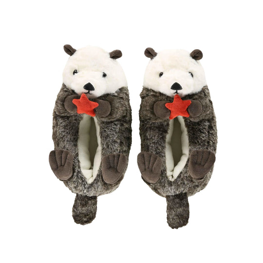 Pair of plush bear slippers with white faces, brown fur bodies, orange stars, and paw-shaped soles