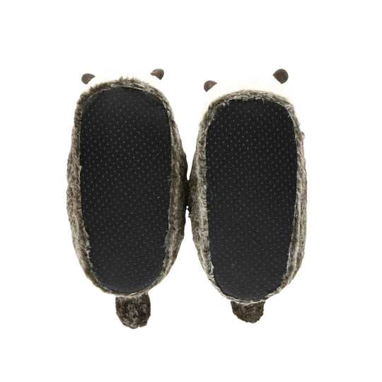Pair of brown fuzzy animal slippers with black textured soles and bear ears