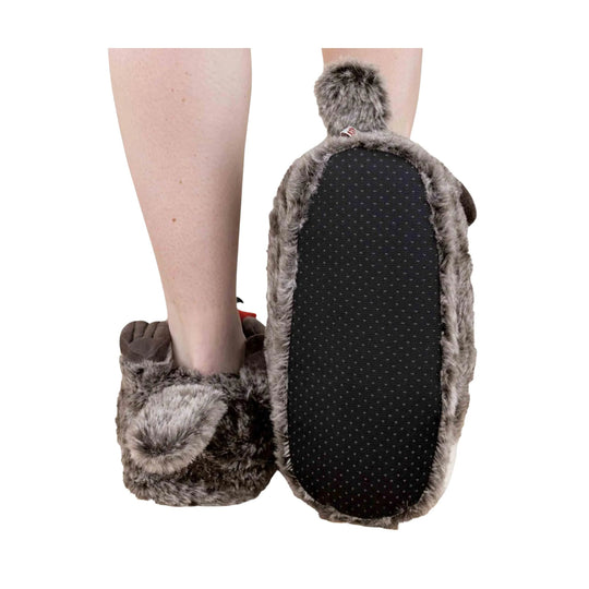Pair of brown faux fur slippers with paw-shaped fronts and pom-pom heels