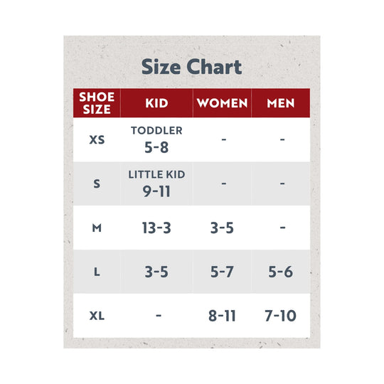 Size chart for shoe sizes, with kid, women, and men columns