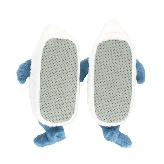 Pair of fuzzy blue slippers with white trim and textured gray soles
