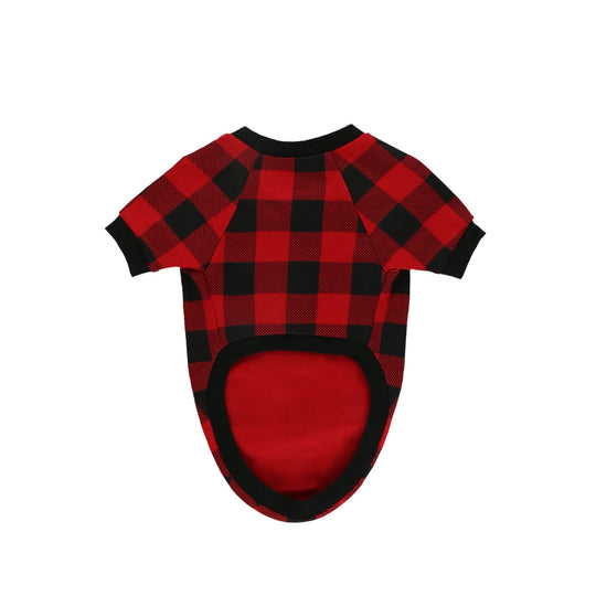 Red and black plaid pet shirt with short sleeves and a black ribbed neck and leg openings
