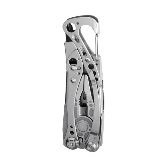Closed silver multi-tool knife with a carabiner clip
