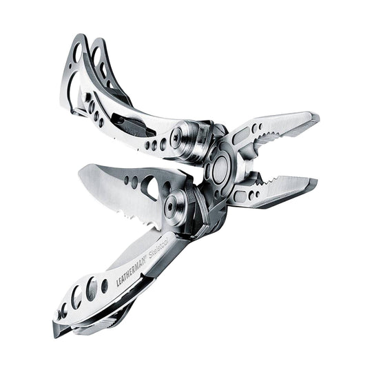 Silver folding multitool with open blades and plier-style jaws