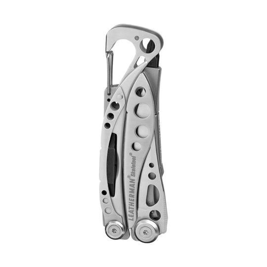 Silver folding multi-tool with clipped carabiner-style handle and cutout holes, shown closed.