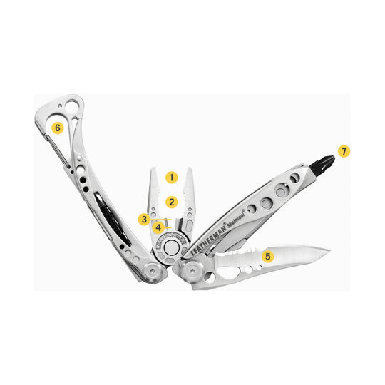 Open silver multitool with pliers, knife blade, carabiner clip, and screwdriver bit on a white background