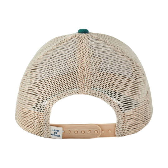 Beige mesh trucker hat with tan snapback strap and teal top button, back view