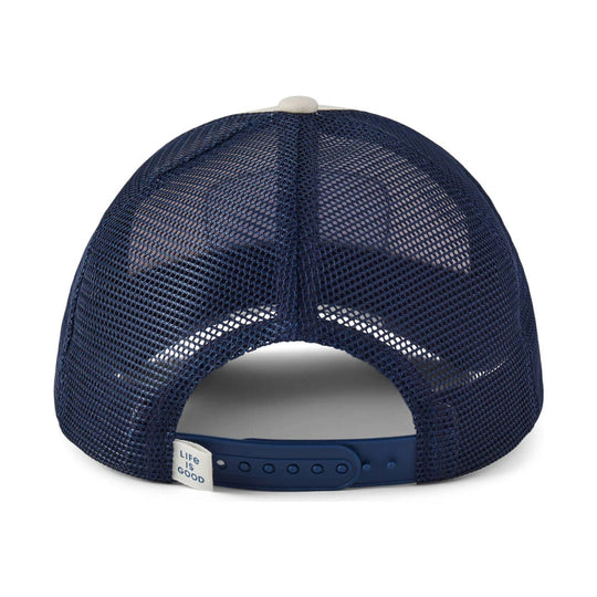 Navy mesh trucker hat with an adjustable snapback and a small back tag