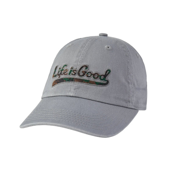 Light gray baseball cap with embroidered "Life is Good" logo on the front