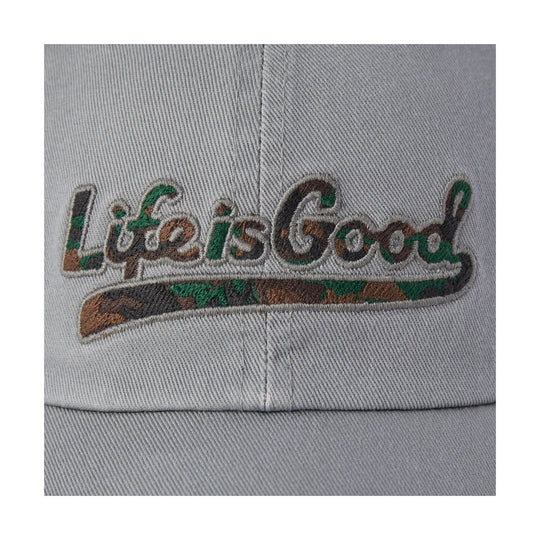 Light gray baseball cap with embroidered Life is Good logo and camouflage accent