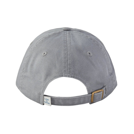 Gray baseball cap shown from the back with an adjustable strap and "Life is Good" tag