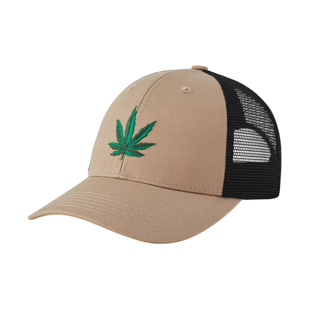 Tan mesh-back baseball cap with a green leaf embroidery on the front
