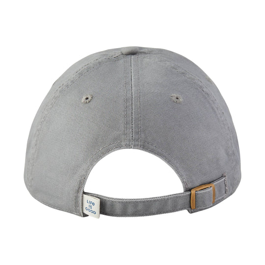 Gray baseball cap shown from the back with an adjustable strap and small woven tag