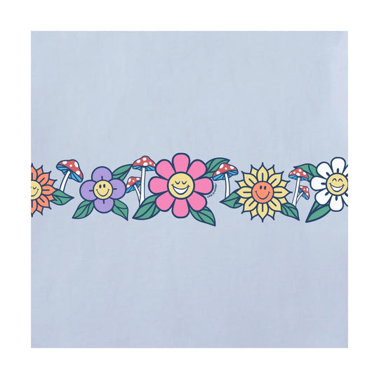 Light blue kids' hoodie with a row of colorful smiling flowers and mushrooms across the chest