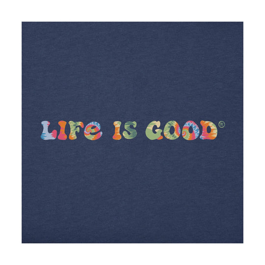 Navy hooded sweatshirt with colorful “Life Is Good” graphic across the chest