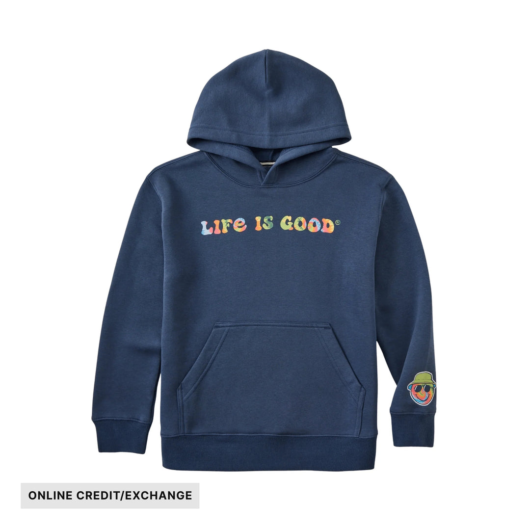 Navy pullover hoodie with multicolor “Life Is Good” text and a smiley patch on the sleeve