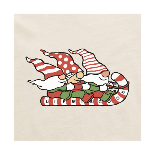 Kids' long-sleeve shirt with gnome sledding graphic and “LIFE IS GOOD” text