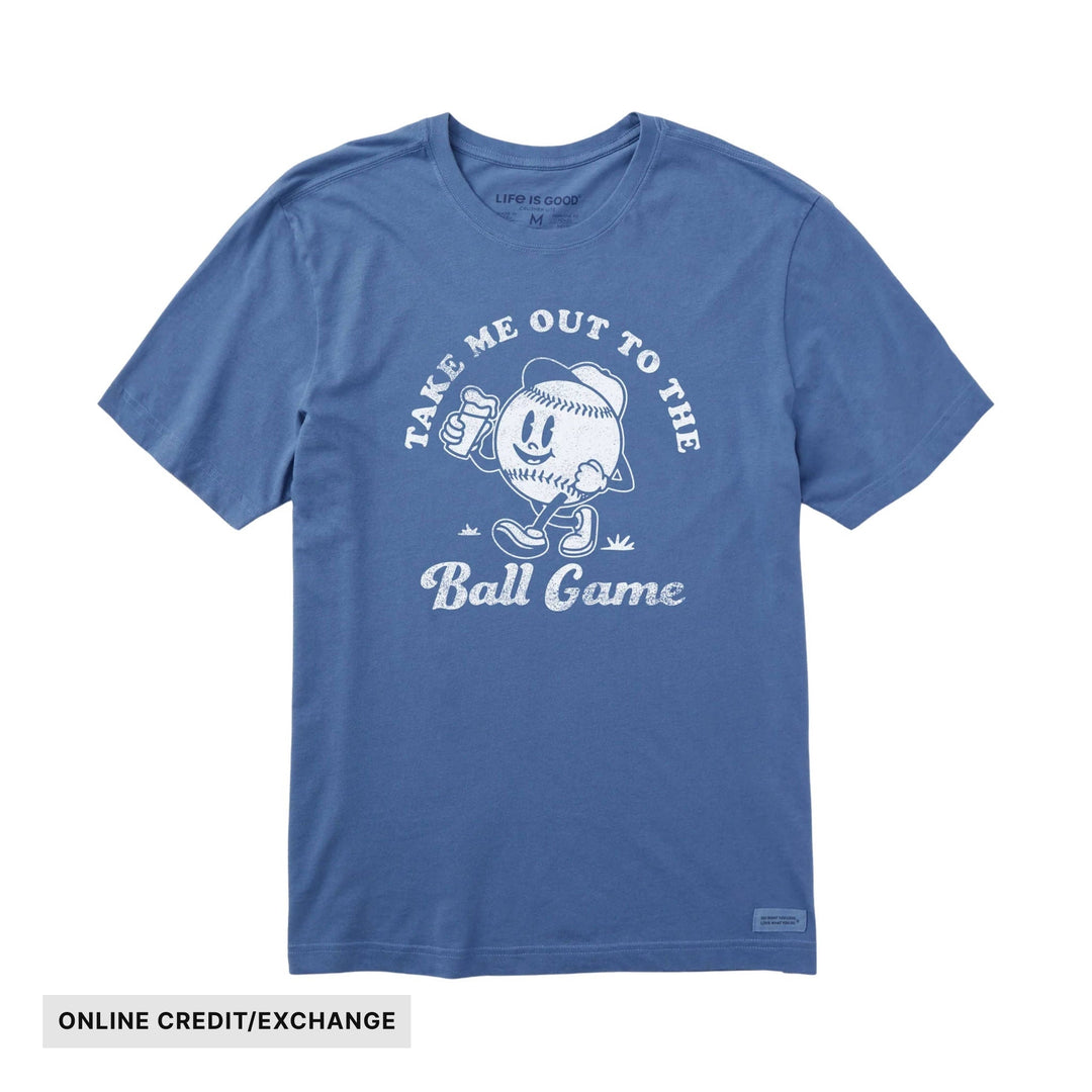 Blue graphic T-shirt with a baseball character and the text “Take Me Out to the Ball Game.”