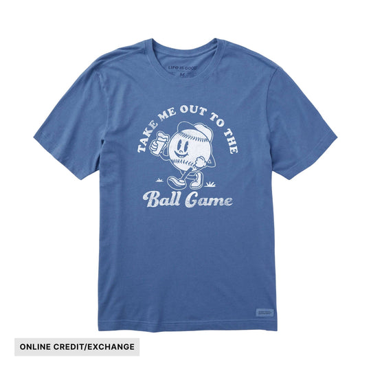 Blue graphic T-shirt with a baseball character and the text “Take Me Out to the Ball Game.”