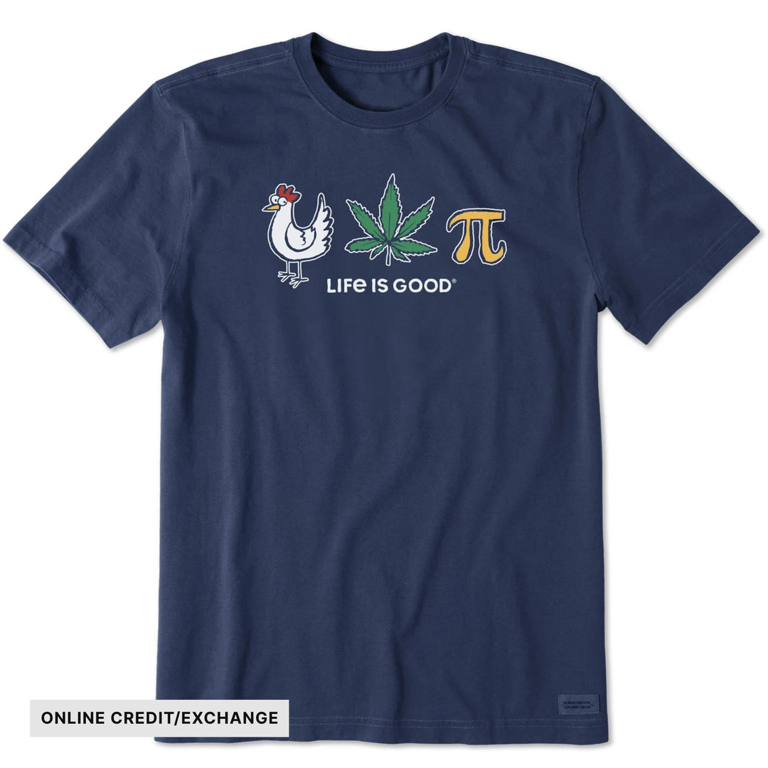 Dark blue short-sleeve T-shirt with a chicken, cannabis leaf, and pi graphic on the chest